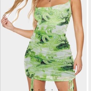 Green Oriental Print Strappy Ruched Tied Hem Dress